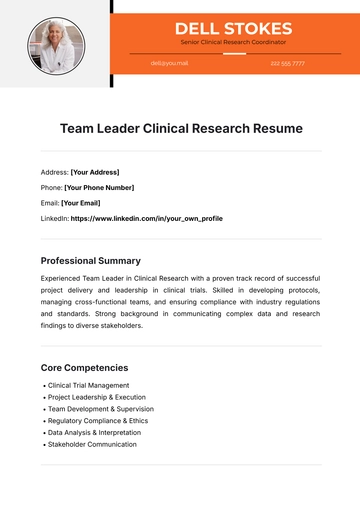 Free Team Leader Clinical Research Resume Template to Edit Online