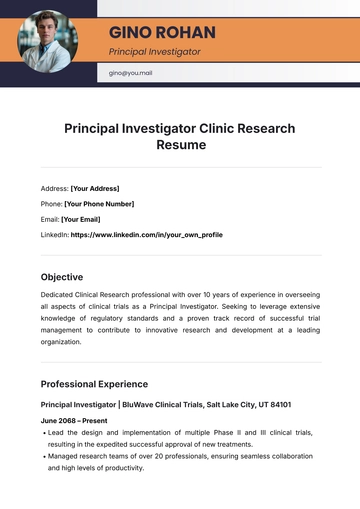 Free Principal Investigator Clinic Research Resume Template to Edit Online