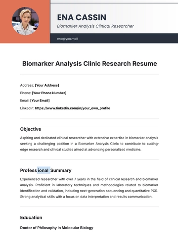 Free Biomarker Analysis Clinic Research Resume Template to Edit Online