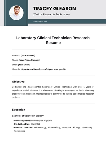 Free Laboratory Clinical Technician Research Resume Template to Edit Online