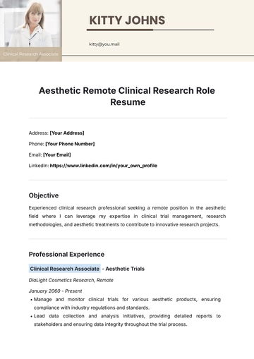 Free Aesthetic Remote Clinical Research Role Resume Template to Edit Online
