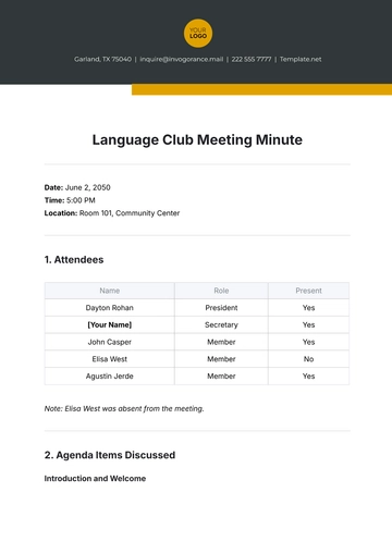 Free Language Club Meeting Minute Template to Edit Online