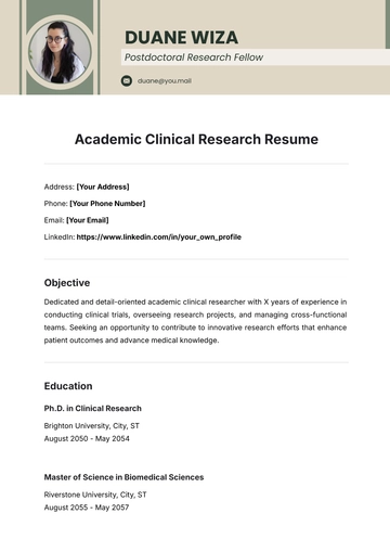 Free Academic Clinical Research Resume Template to Edit Online