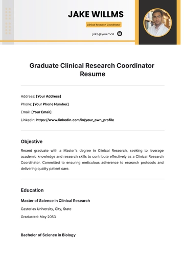 Free Graduate Clinical Research Coordinator Resume Template to Edit Online