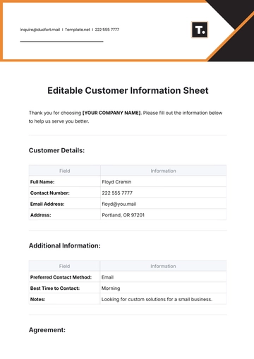 Free Editable Customer Information Sheet Template to Edit Online
