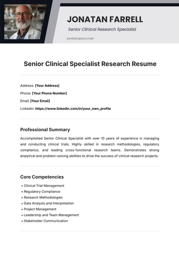 Free Senior Clinical Specialist Research Resume Template to Edit Online