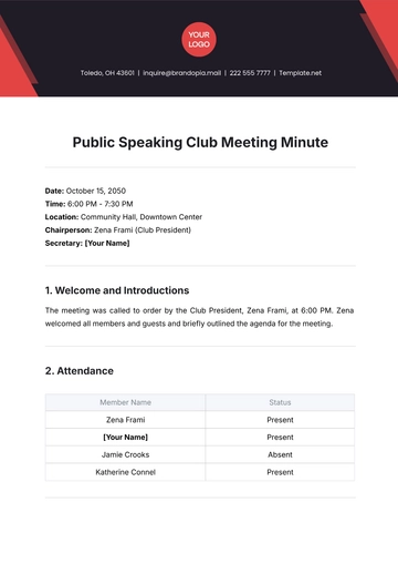 Free Public Speaking Club Meeting Minute Template to Edit Online