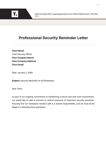 Free Professional Security Reminder Letter Template to Edit Online