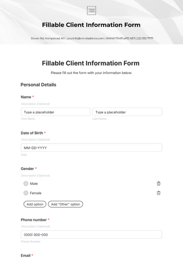 Free Fillable Client Information Form Template to Edit Online