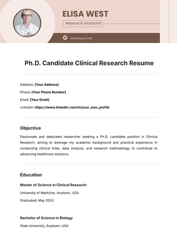 Free Ph.D. Candidate Clinical Research Resume Template to Edit Online