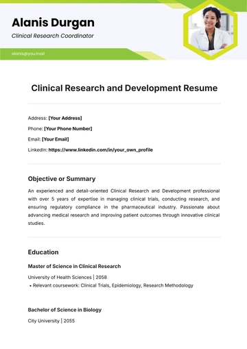 Free Clinical Research and Development Resume Template to Edit Online