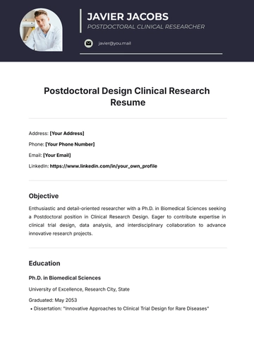 Free Postdoctoral Design Clinical Research Resume Template to Edit Online