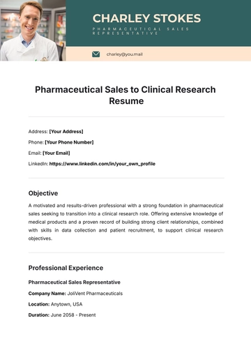 Free Pharmaceutical Sales to Clinical Research Resume Template to Edit Online