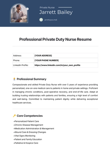 Free Professional Private Duty Nurse Resume Template to Edit Online