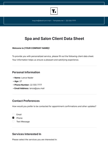 Free Spa and Salon Client Data Sheet Template to Edit Online