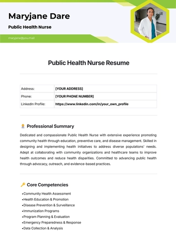 Free Public Health Nurse Resume Template to Edit Online