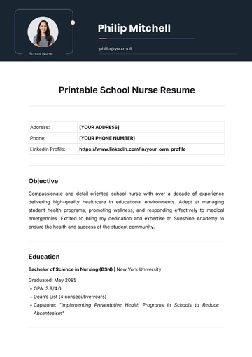 Free Printable School Nurse Resume Template to Edit Online