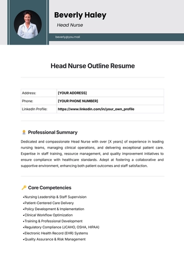 Free Head Nurse Outline Resume Template to Edit Online