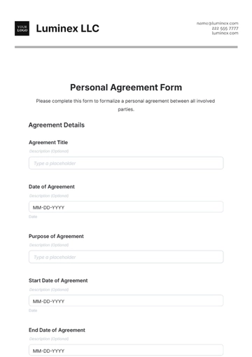 Free Personal Agreement Form Template to Edit Online