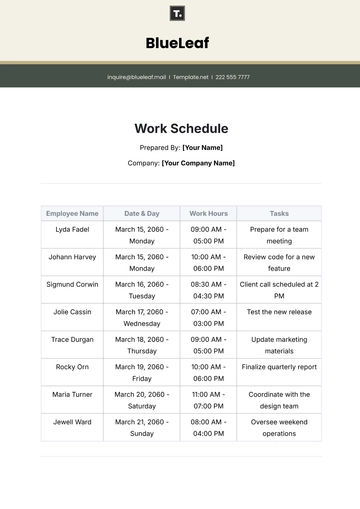 Free Work Schedule Template to Edit Online