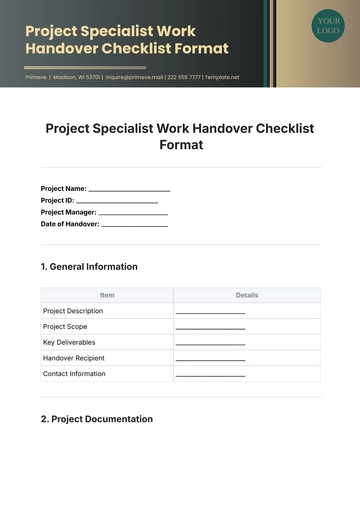 Free Project Specialist Work Handover Checklist Format Template to Edit Online