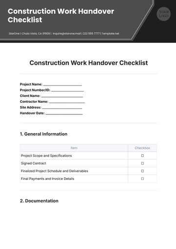 Free Construction Work Handover Checklist Template to Edit Online