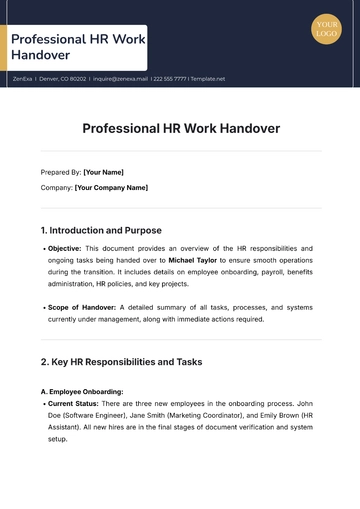 Free Professional HR Work Handover Template to Edit Online
