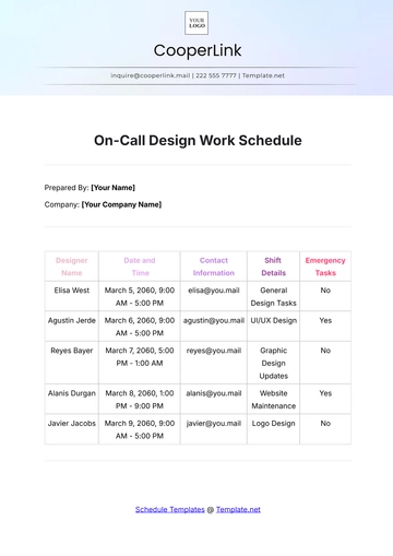 Free On-Call Design Work Schedule Template to Edit Online