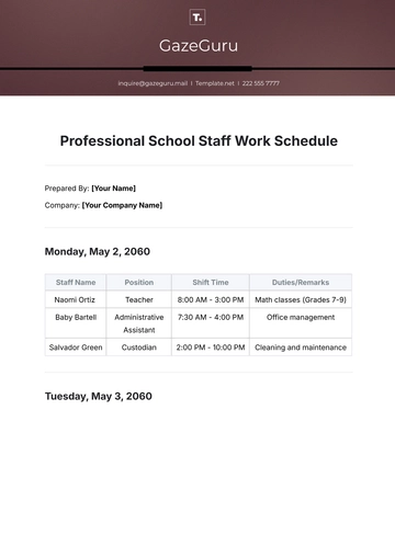 Free Professional School Staff Work Schedule Template to Edit Online