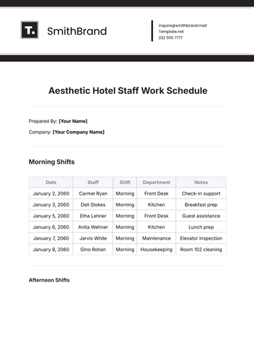 Free Aesthetic Hotel Staff Work Schedule Template to Edit Online