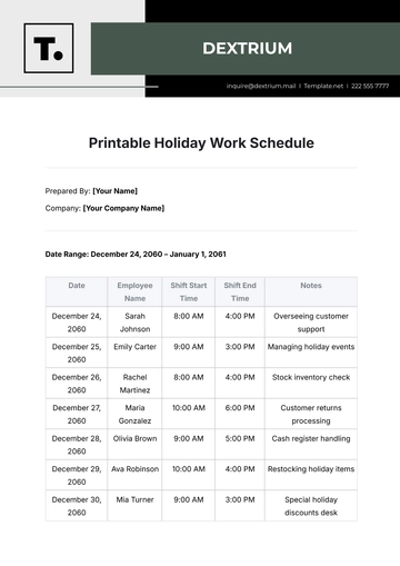 Free Printable Holiday Work Schedule Template to Edit Online