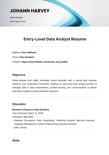 Free Entry-Level Data Analyst Resume Template to Edit Online