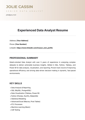 Free Experienced Data Analyst Resume Template to Edit Online