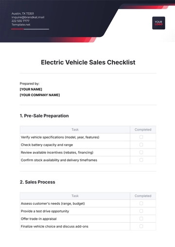 Free Electric Vehicle Sales Checklist Template to Edit Online