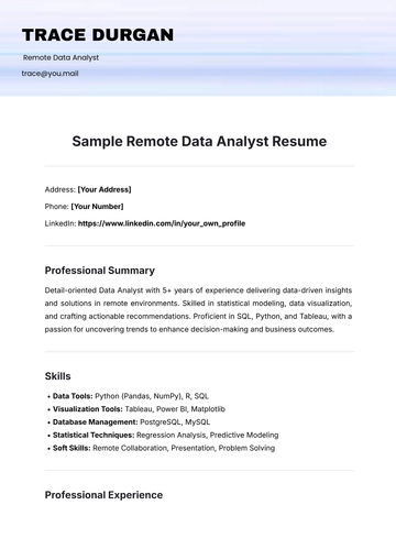 Free Sample Remote Data Analyst Resume Template to Edit Online