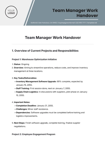 Free Team Manager Work  Handover Template to Edit Online