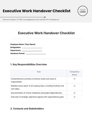 Free Executive Work Handover Checklist Template to Edit Online