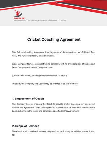 Free Cricket Coaching Agreement Template to Edit Online