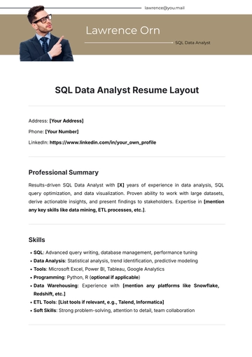 Free SQL Data Analyst Resume Layout Template to Edit Online