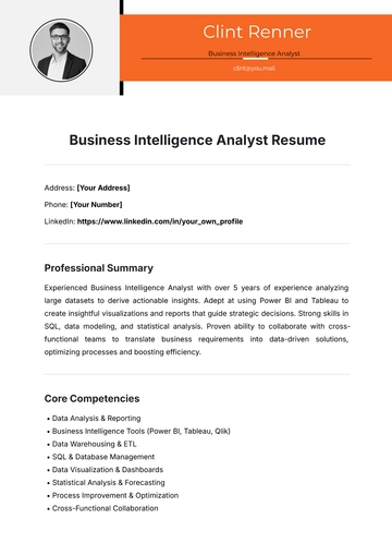 Free Business Intelligence Analyst Resume Template to Edit Online