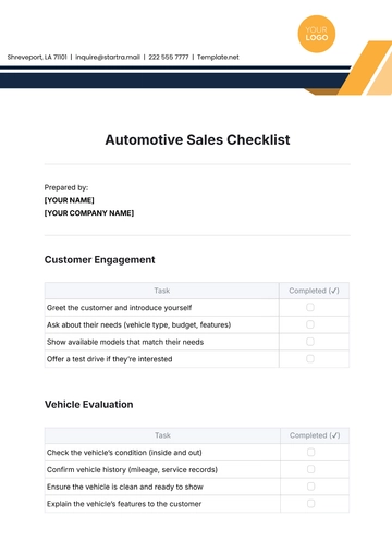 Free Automotive Sales Checklist Template to Edit Online