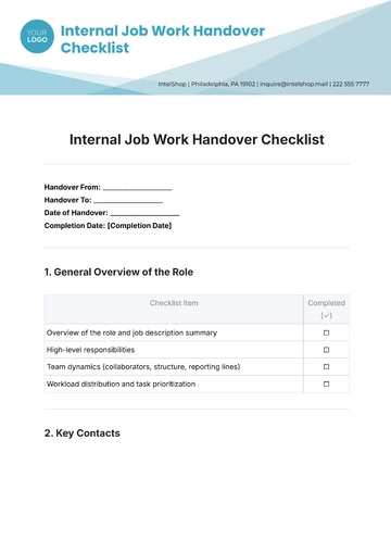 Free Internal Job Work Handover Checklist Template to Edit Online