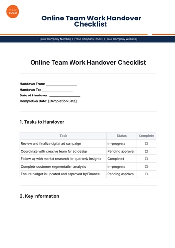 Free Online Team Work Handover Checklist Template to Edit Online