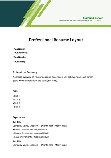 Free Professional Resume Layout Template to Edit Online