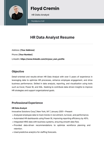 Free HR Data Analyst Resume Template to Edit Online