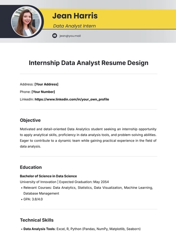 Free Internship Data Analyst Resume Design Template to Edit Online