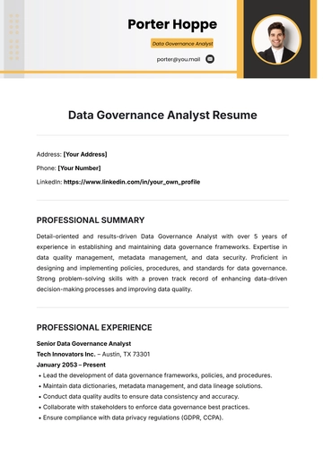 Free Data Governance Analyst Resume Template to Edit Online