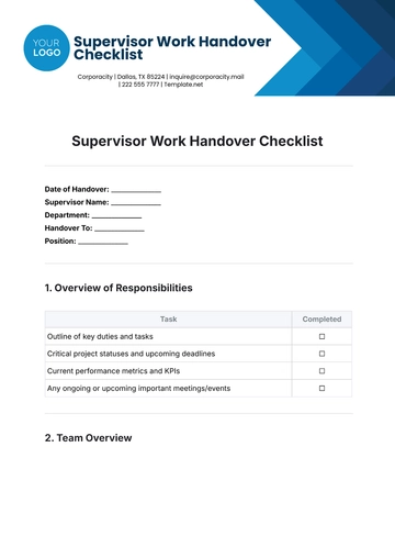 Free Supervisor Work Handover Checklist Template to Edit Online