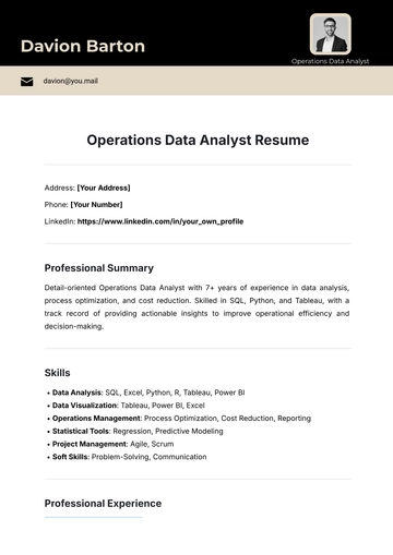 Free Operations Data Analyst Resume Template to Edit Online