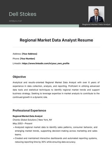Free Regional Market Data Analyst Resume Template to Edit Online
